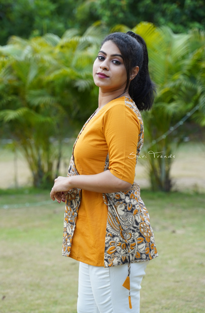 Angrakha Style Kalamkari Short Kurti - Mustard Yellow