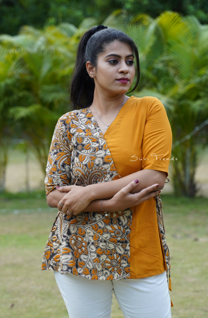 Angrakha Style Kalamkari Short Kurti - Mustard Yellow