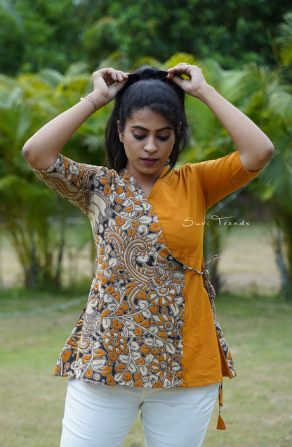 Angrakha Style Kalamkari Short Kurti - Mustard Yellow