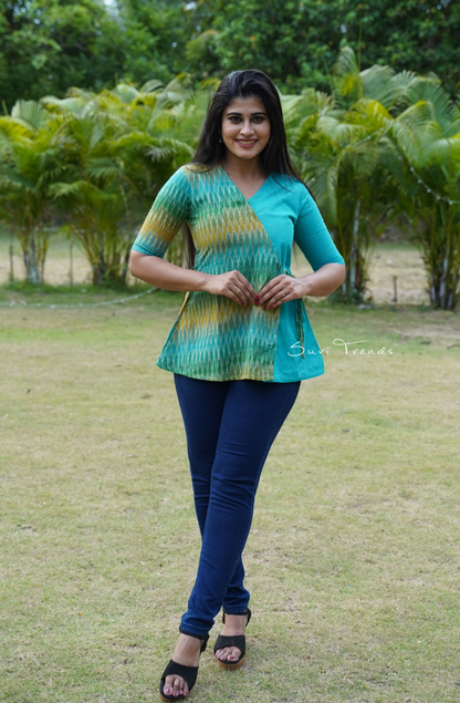 Angrakha Style Ikat Short Kurti - Aqua