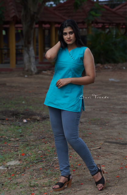 Solid Pintuck Sleeveless Top - Aqua