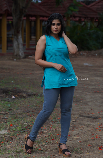Solid Pintuck Sleeveless Top - Aqua