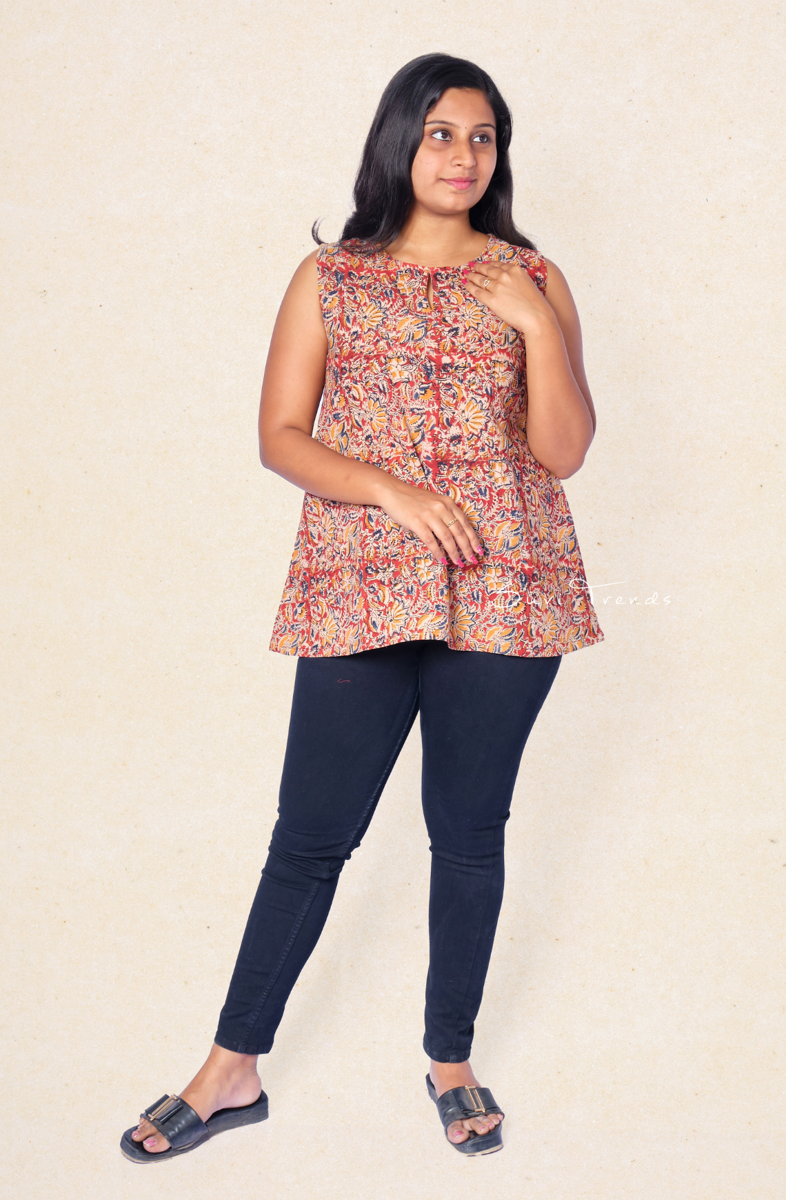 Handblock Printed Sleeveless Top - Red