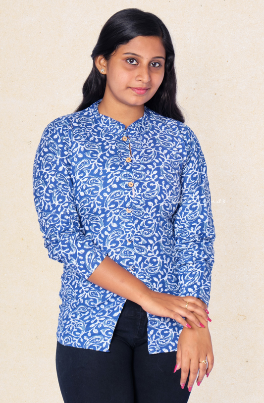 Floral Printed Cotton Top - Blue