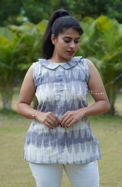 Sleeveless Ikat Short Top - Grey & Off White