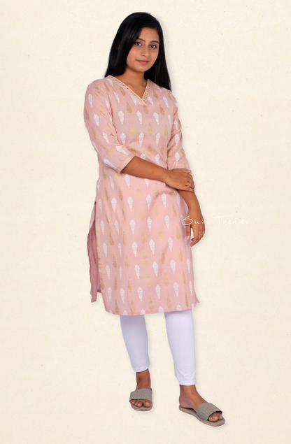 Printed V-neck Straight Kurta - Beige