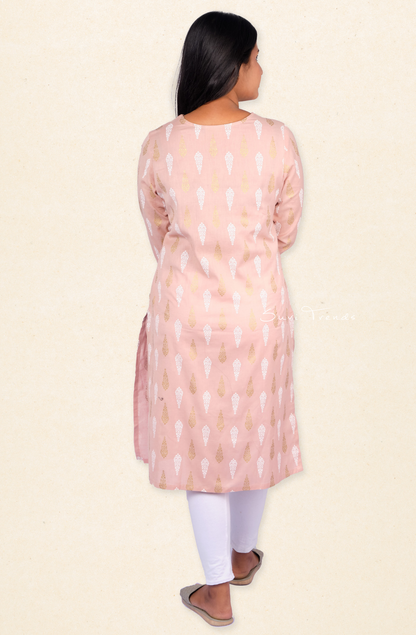 Printed V-neck Straight Kurta - Beige