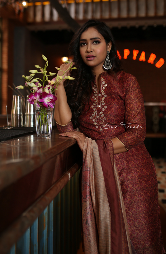 Handblock Printed Chanderi Silk Kurta Set - Maroon