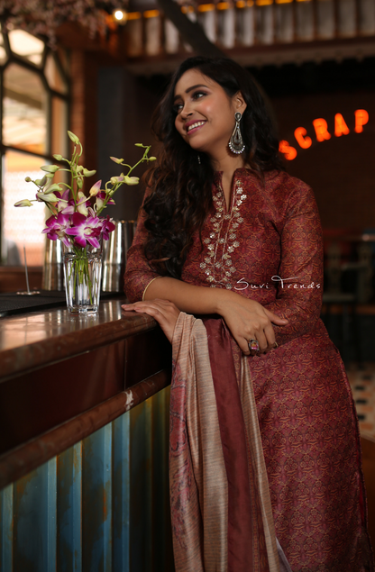 Handblock Printed Chanderi Silk Kurta Set - Maroon