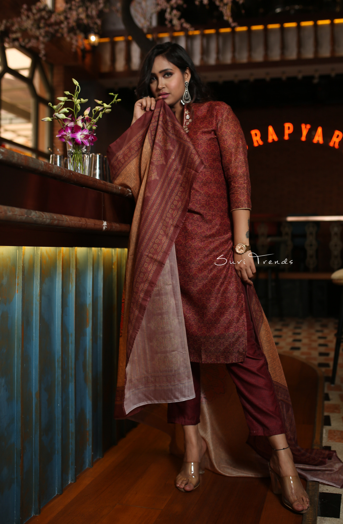 Handblock Printed Chanderi Silk Kurta Set - Maroon