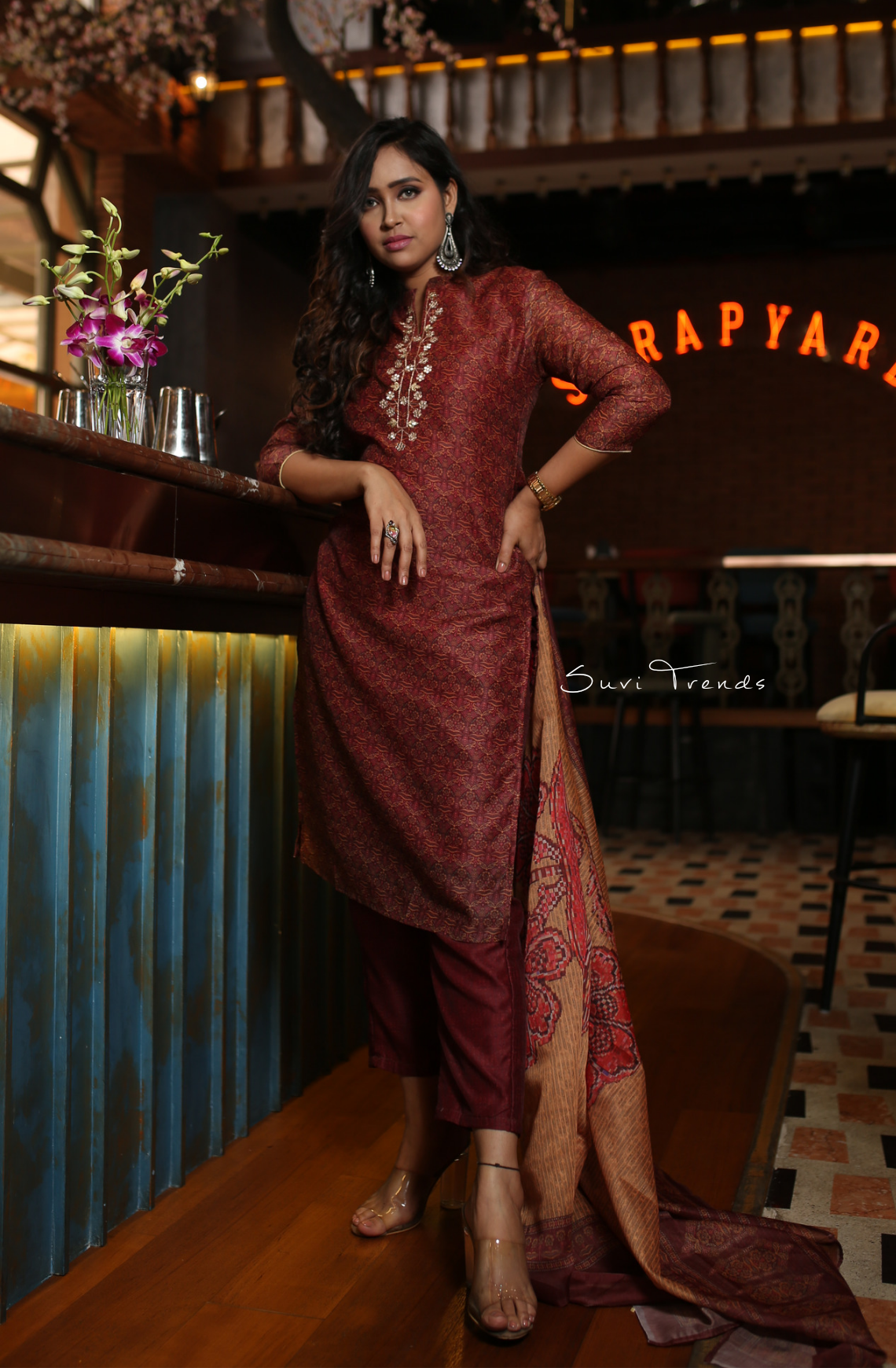 Handblock Printed Chanderi Silk Kurta Set - Maroon