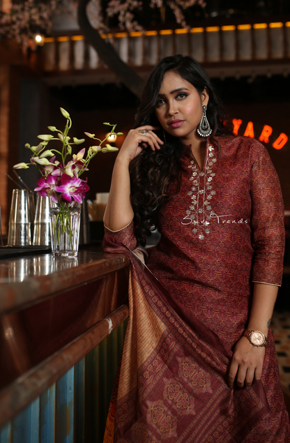 Handblock Printed Chanderi Silk Kurta Set - Maroon