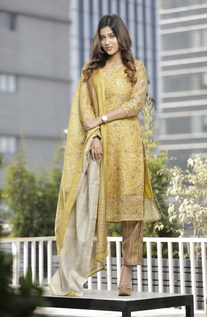 Handblock Printed Chanderi Silk Kurta Set - Mustard Yellow