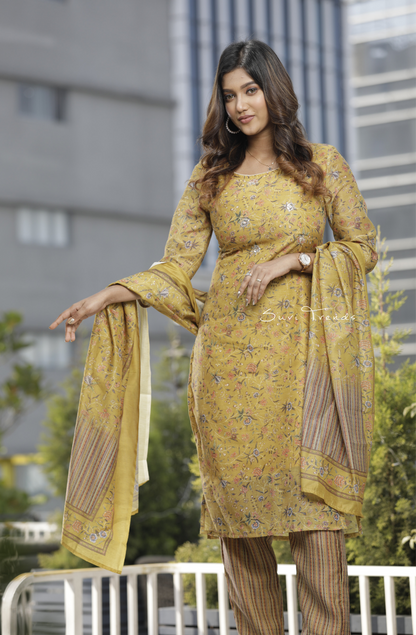 Handblock Printed Chanderi Silk Kurta Set - Mustard Yellow