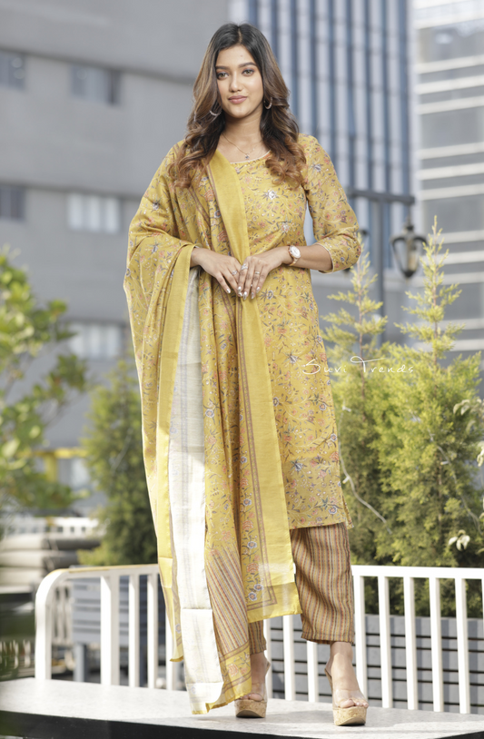 Handblock Printed Chanderi Silk Kurta Set - Mustard Yellow