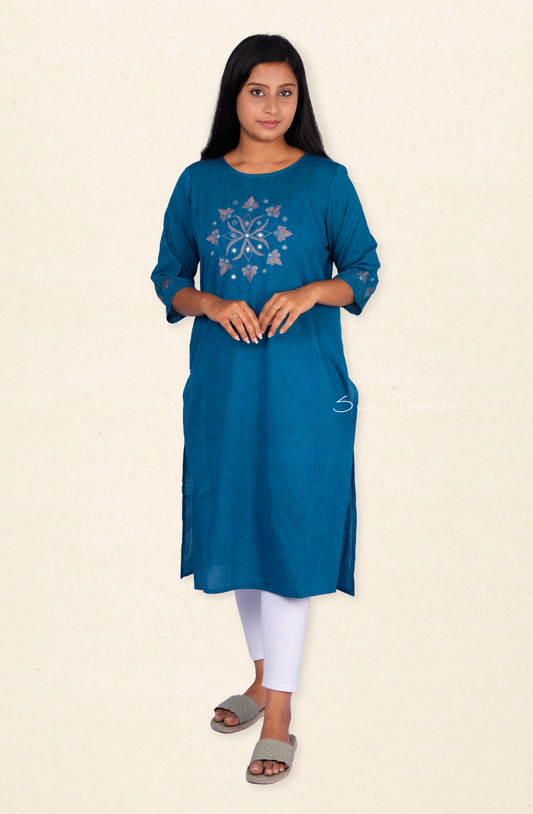Hand Embroidered Straight Kurta - Blue