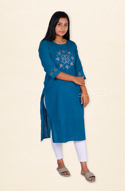 Hand Embroidered Straight Kurta - Blue