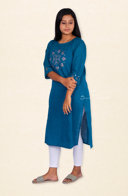 Hand Embroidered Straight Kurta - Blue