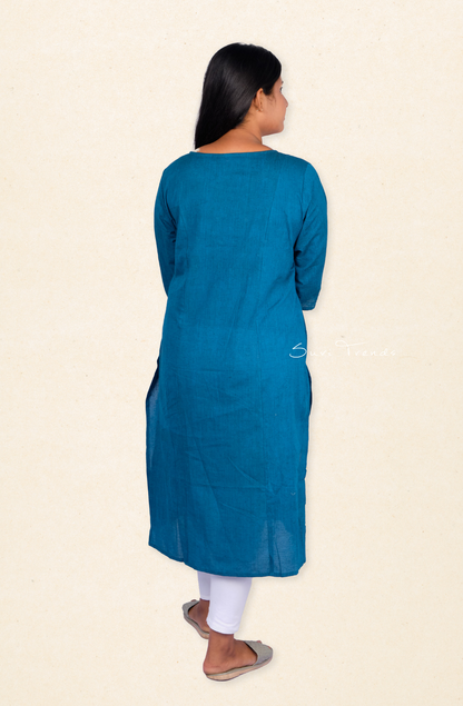 Hand Embroidered Straight Kurta - Blue