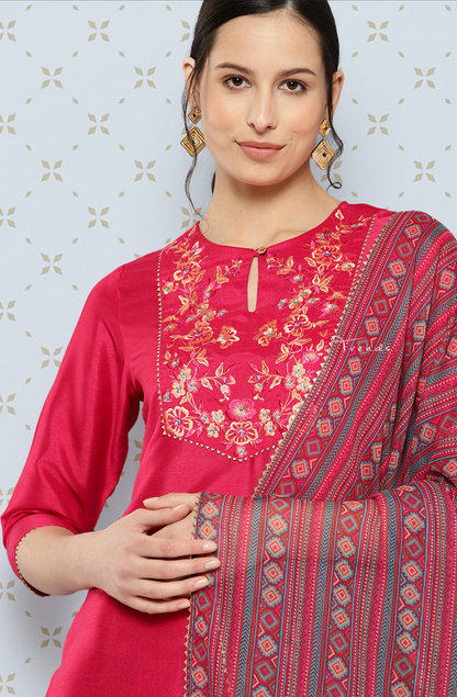 Yoke Embroidered Solid Kurta Set - Pink
