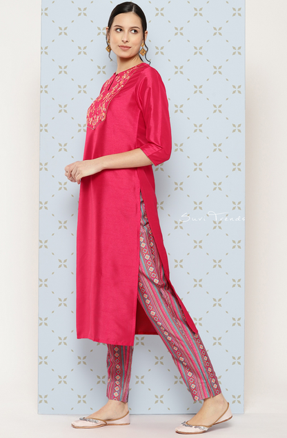 Yoke Embroidered Solid Kurta Set - Pink