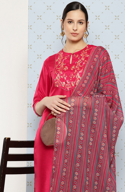 Yoke Embroidered Solid Kurta Set - Pink