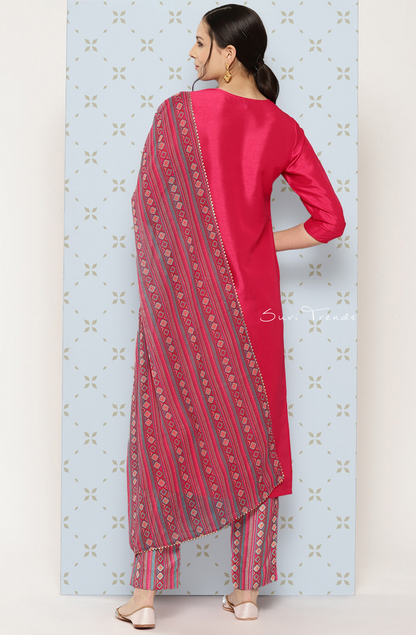 Yoke Embroidered Solid Kurta Set - Pink