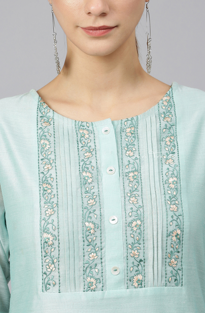 Chanderi Silk Embroidered Kurta Set - Sea Blue