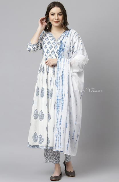 Block Printed Anarkali Set - White