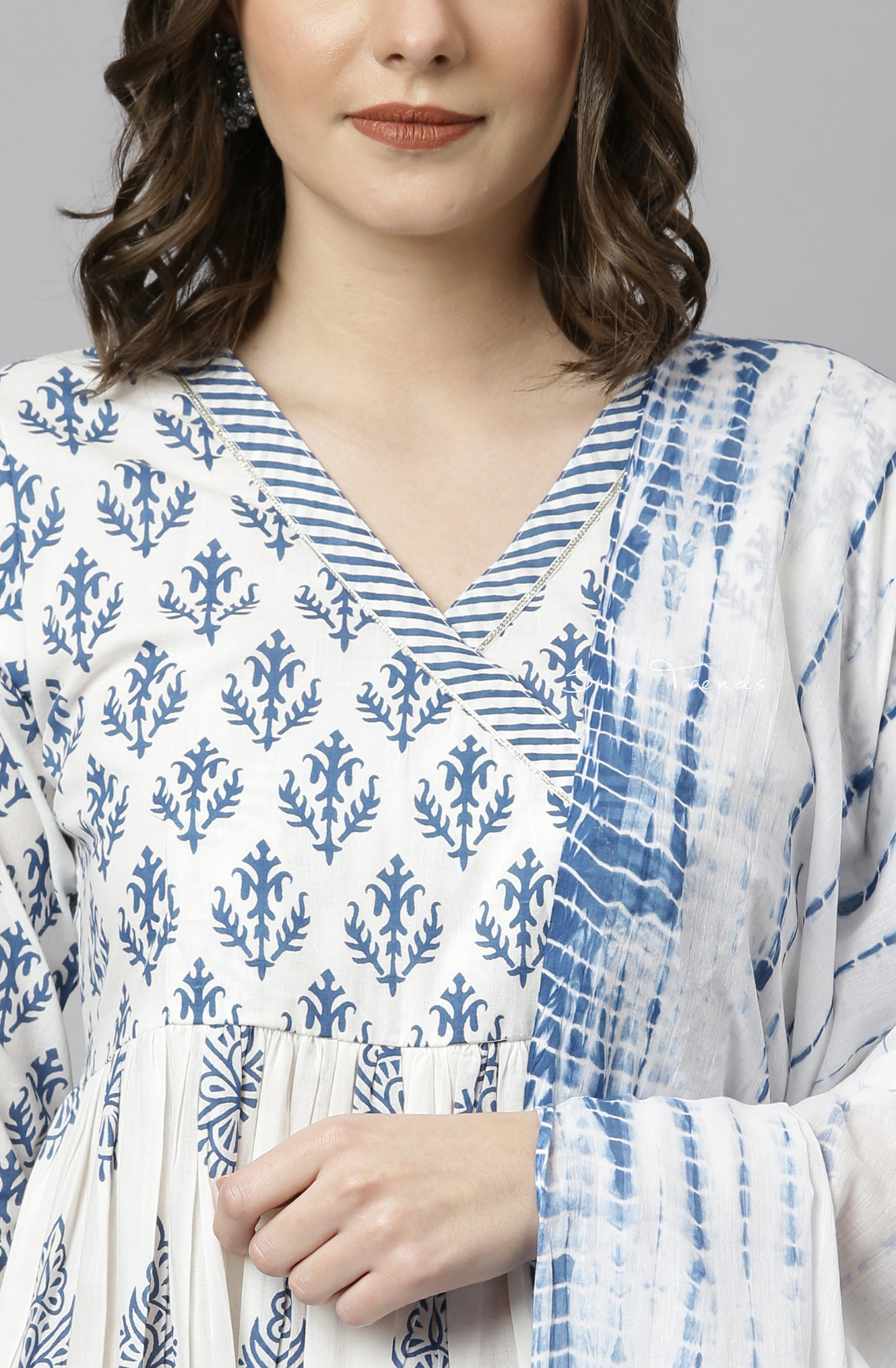 Block Printed Anarkali Set - White