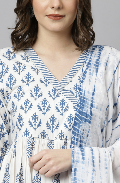 Block Printed Anarkali Set - White