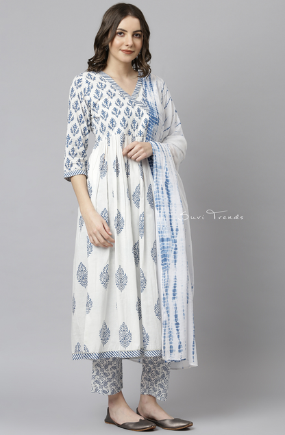 Block Printed Anarkali Set - White