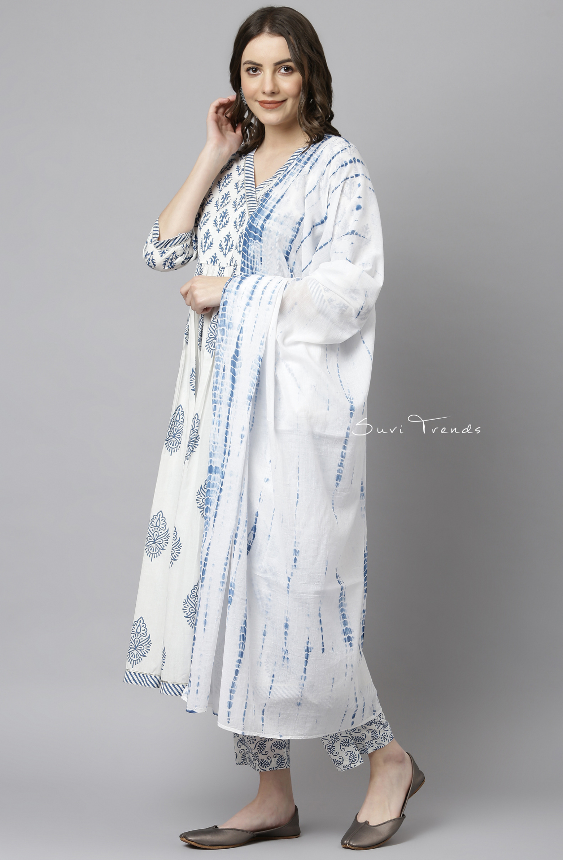Block Printed Anarkali Set - White