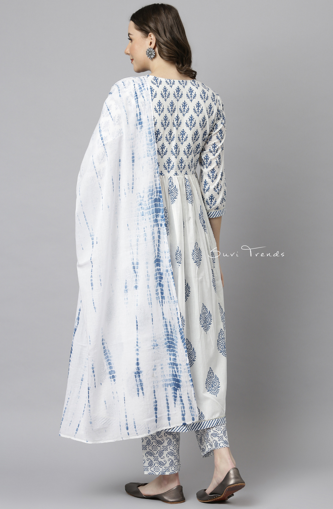 Block Printed Anarkali Set - White