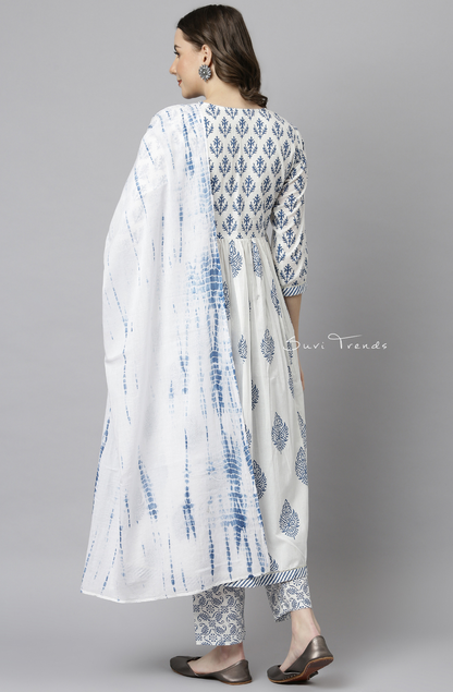 Block Printed Anarkali Set - White