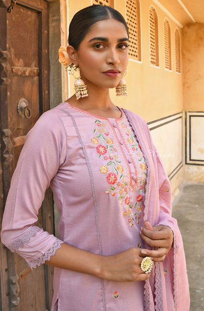 Floral Embroidered Kurta Set - Mauve