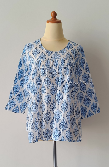 Floral Hand block Printed Short Top - Blue