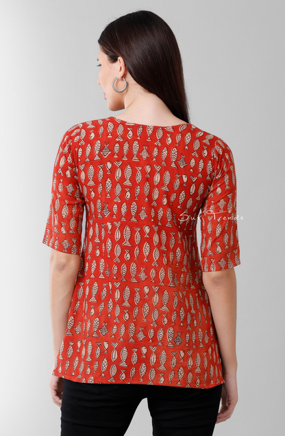 Fish Block Printed Short Top - Red