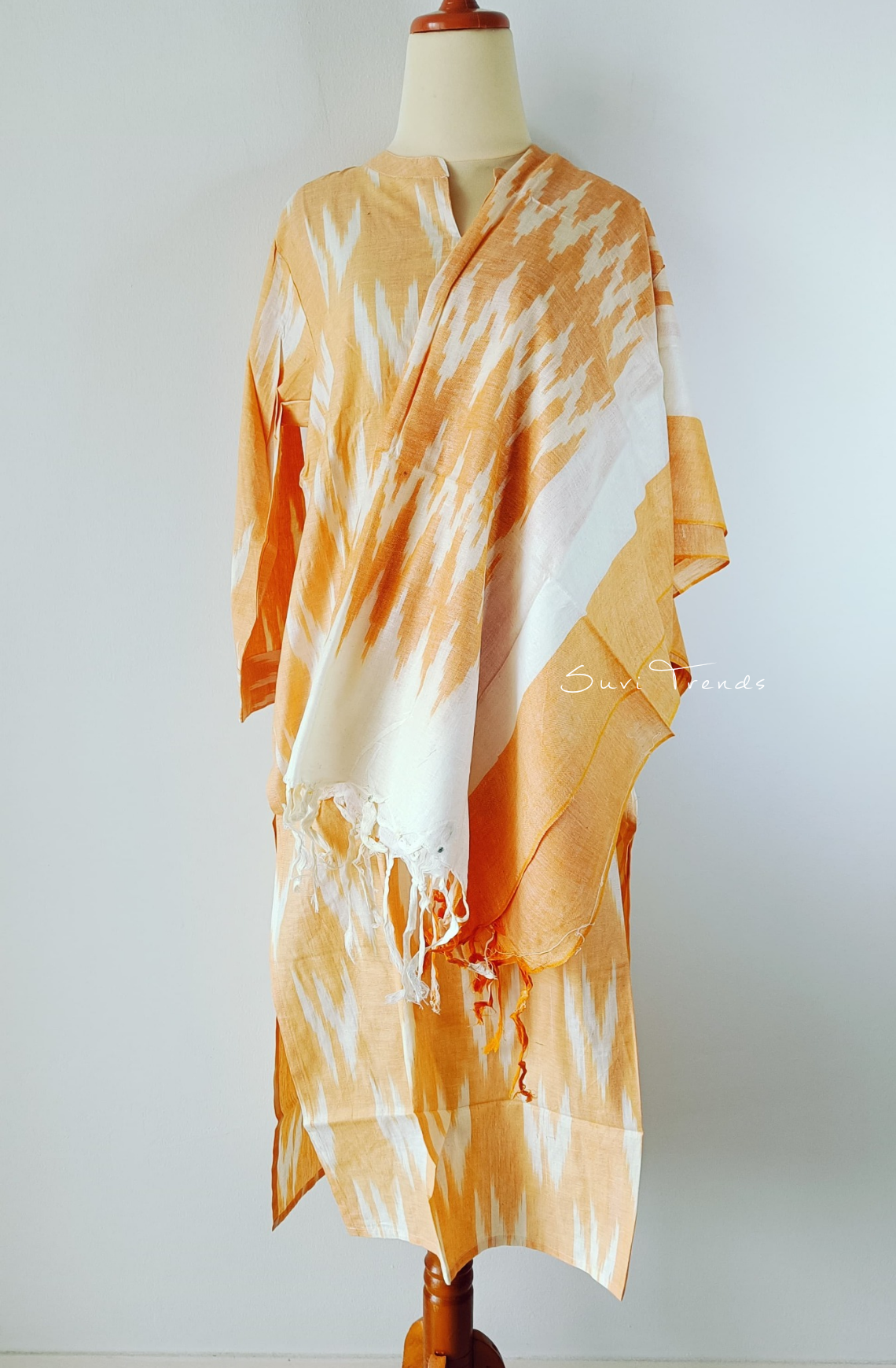 Handloom Cotton Ikat Kurta Set - Orange