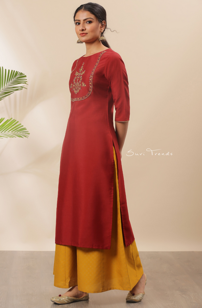 Solid Poly Silk Kurti with Embellishment - Red