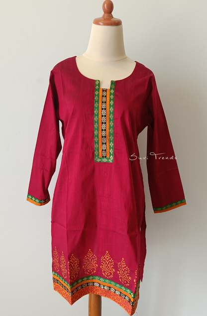Handblock Printed Straight Kurta - Maroon
