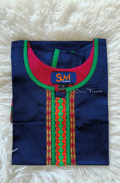 Solid Straight Kurta with Thread Embroidery - Blue