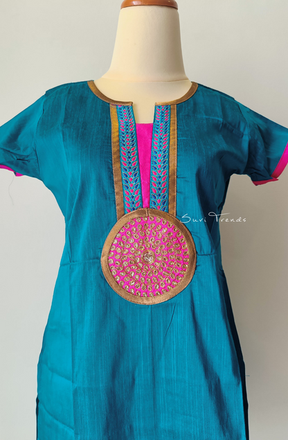 Straight Kurta with Mandala Detailing - Turquoise