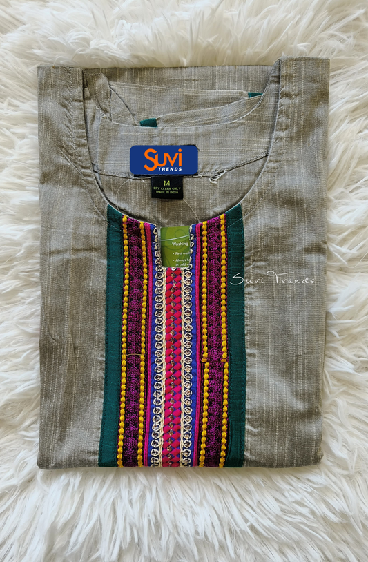 Solid Straight Cotton Kurta - Grey