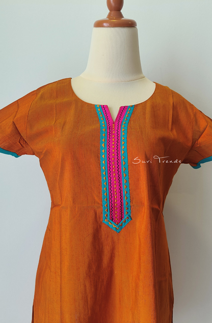 Hand Block Printed Straight Kurta - Orange