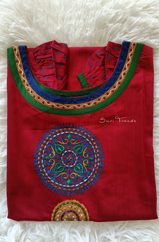 Mandala Embroidered Straight Kurta - Red
