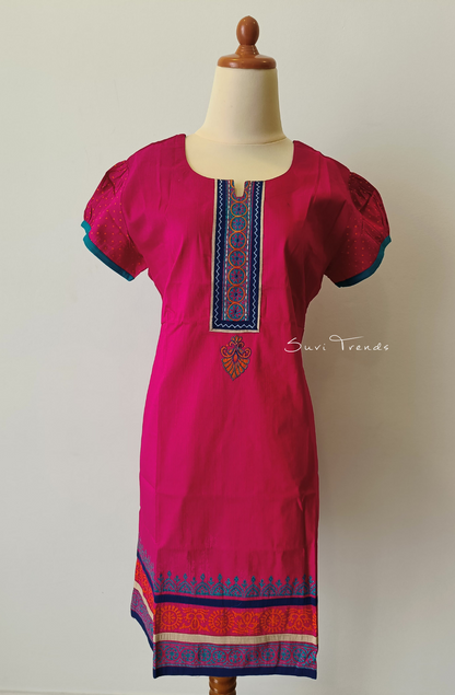 Floral Embroidered & Hand Block Printed Kurta - Pink