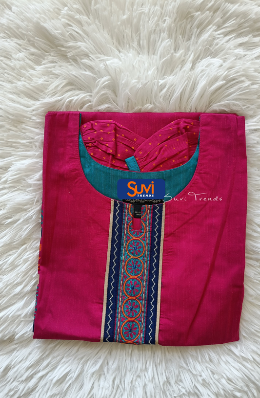 Floral Embroidered & Hand Block Printed Kurta - Pink
