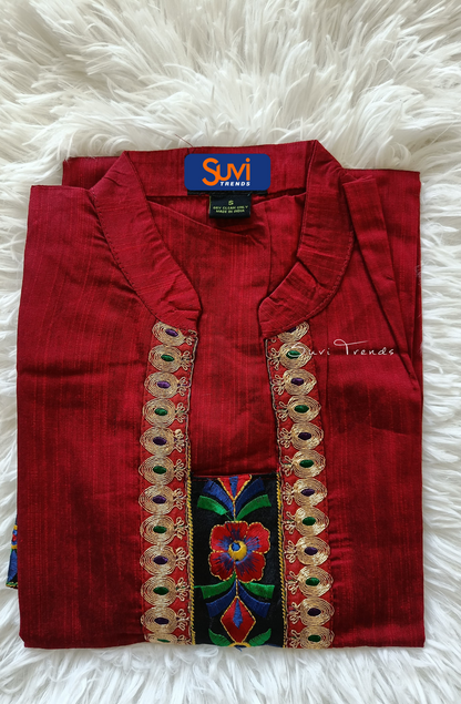 Floral Embroidered Straight Kurta - Red