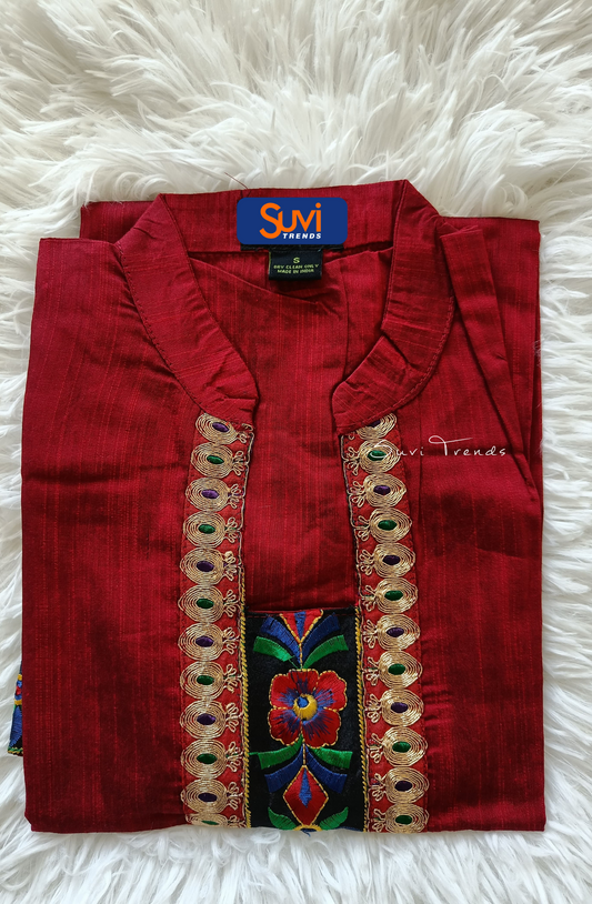 Floral Embroidered Straight Kurta - Red